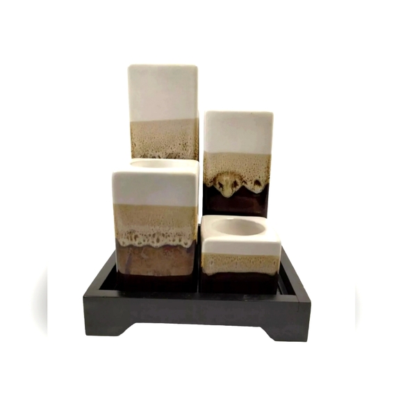 Ceramic Tea Light Candle Holder Set of 4 On Wooden Base - Picture 1 of 5
